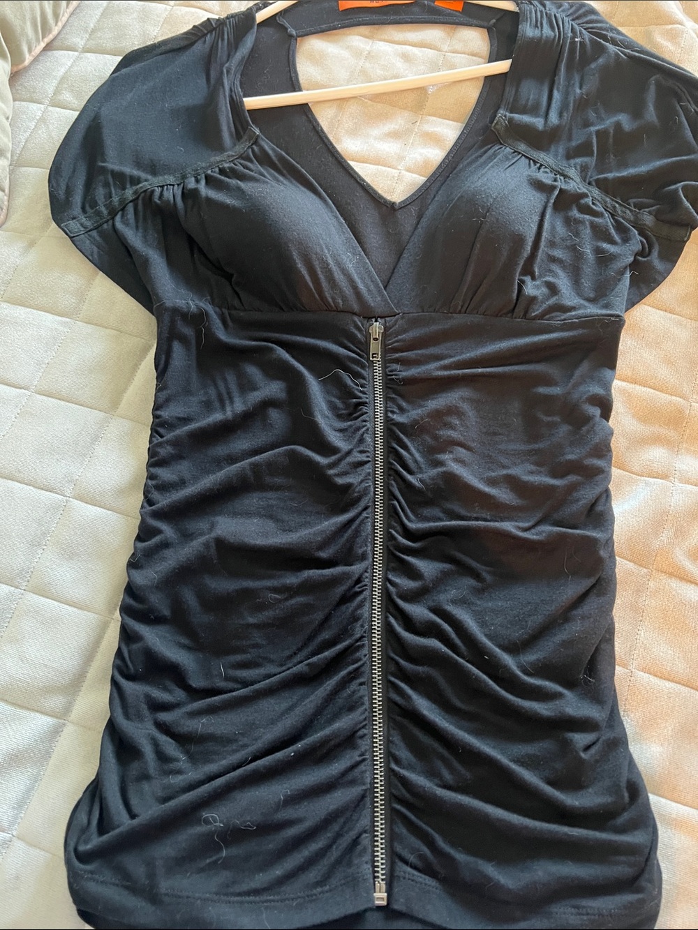 Metropark Black Ruched V-Neck Zip-Front Top